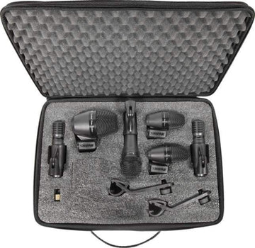 Set of microphones in a foam-lined carrying case on a white background