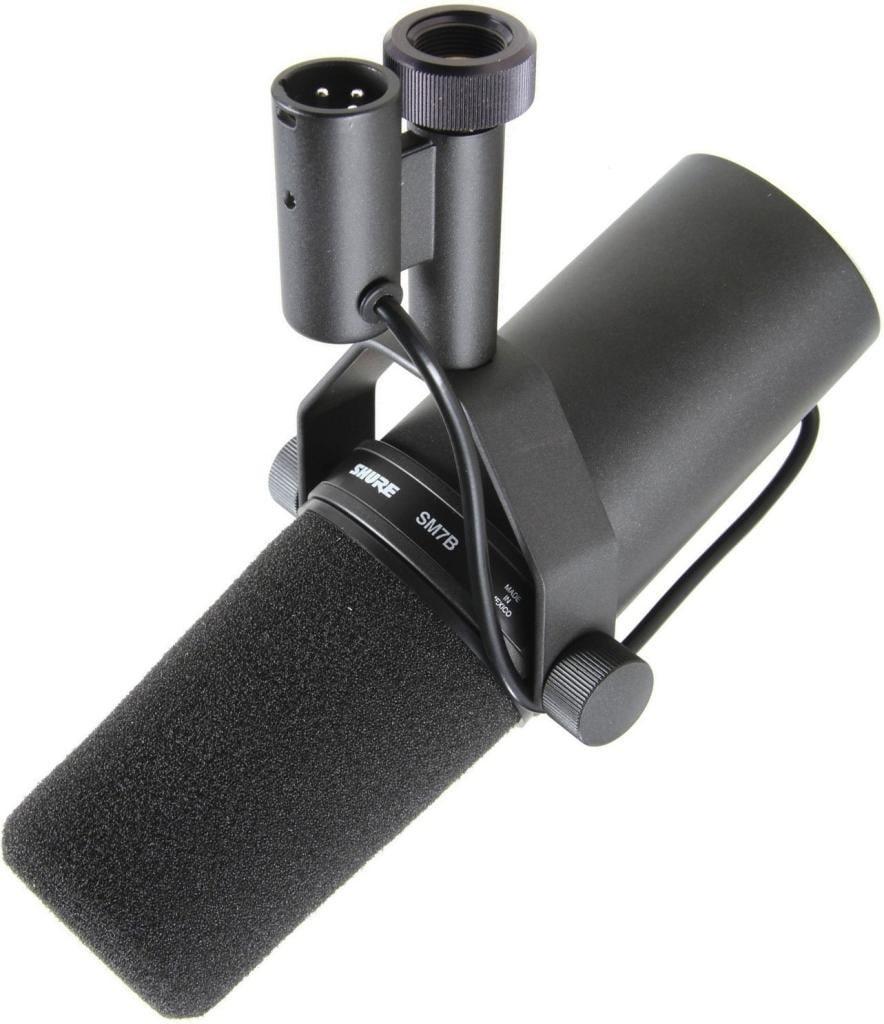 Black microphone with foam windscreen and XLR connector on a white background