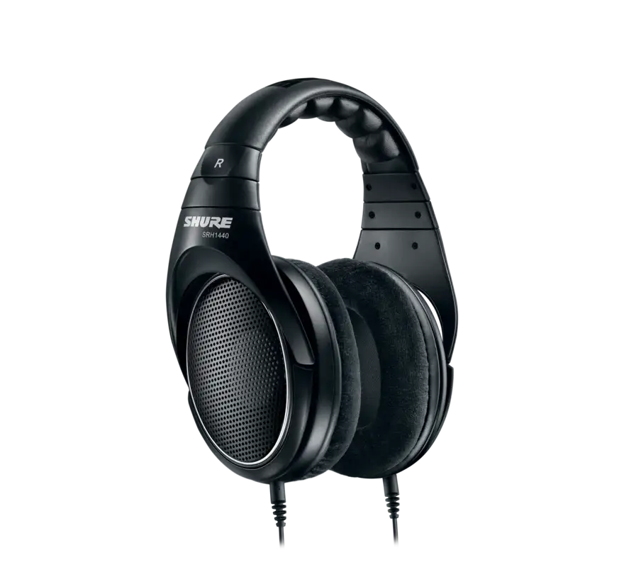 Black Shure headphones on a white background