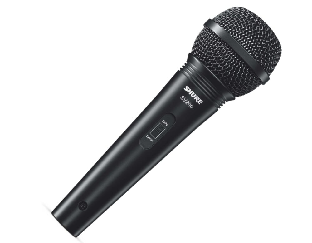 Black Shure microphone on a white background