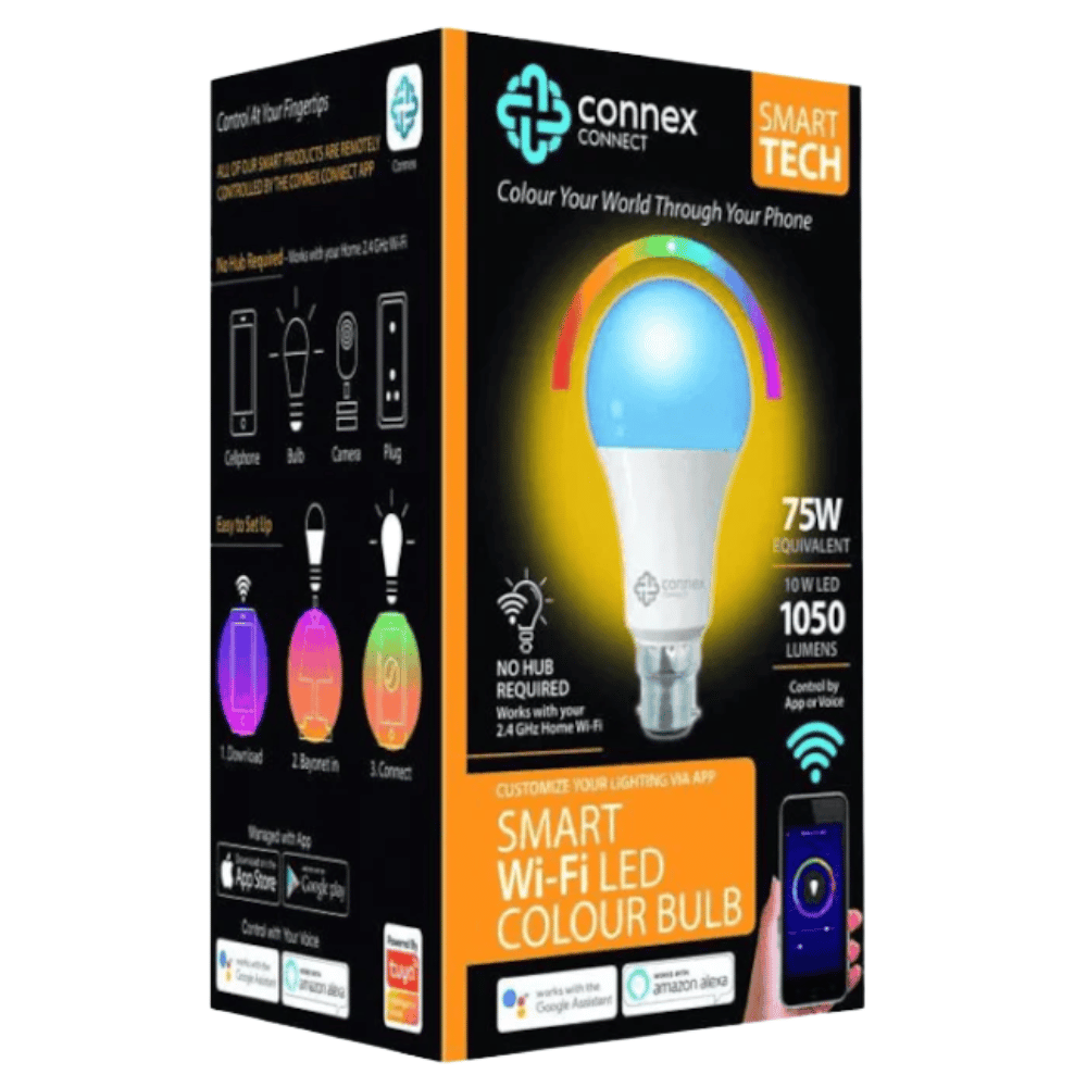 Box of Connex Connect smart Wi-Fi LED color bulb on a white background