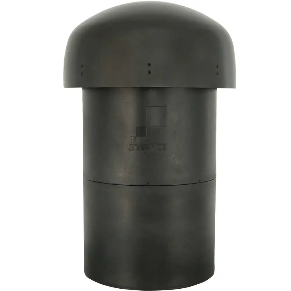 Black cylindrical metal duct with dome top on a white background