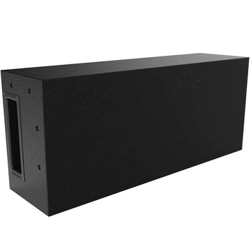 Black rectangular speaker enclosure on a white background