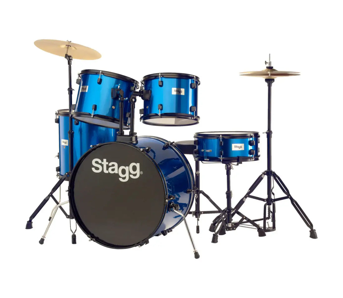 Blue Stagg drum set with cymbals on a white background
