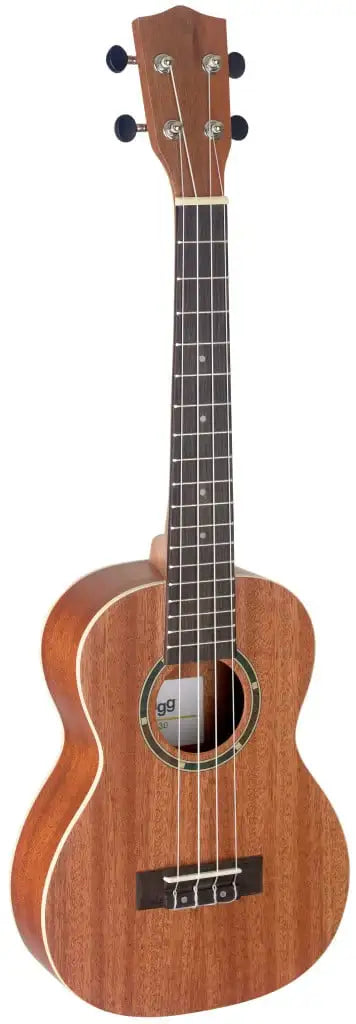 Solid-body electric guitar with a wooden finish on a white background