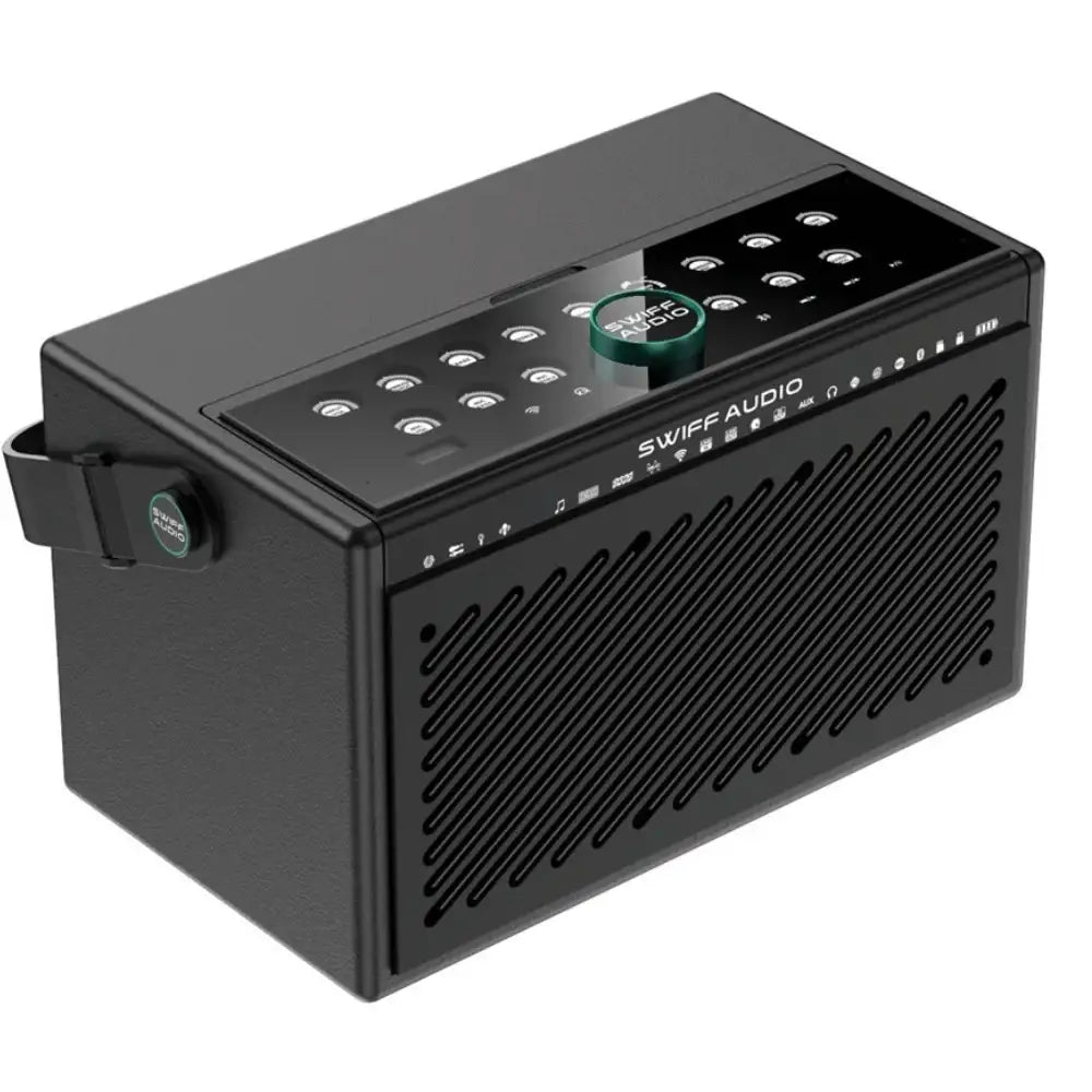Black SWIFF AUDIO amplifier with control panel on a white background