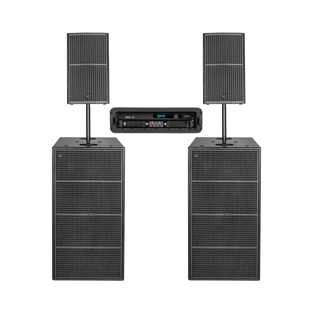 Set of speakers and audio equipment on a white background