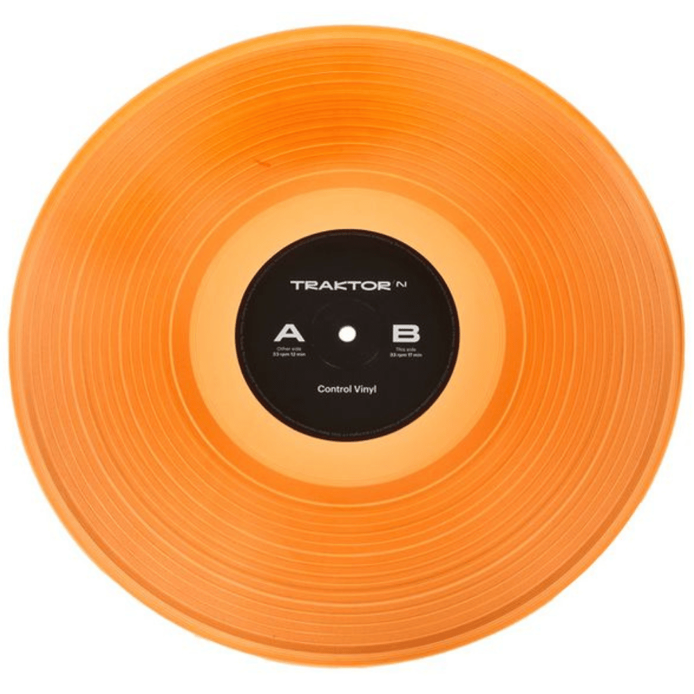 Orange vinyl record with Traktor branding on a white background