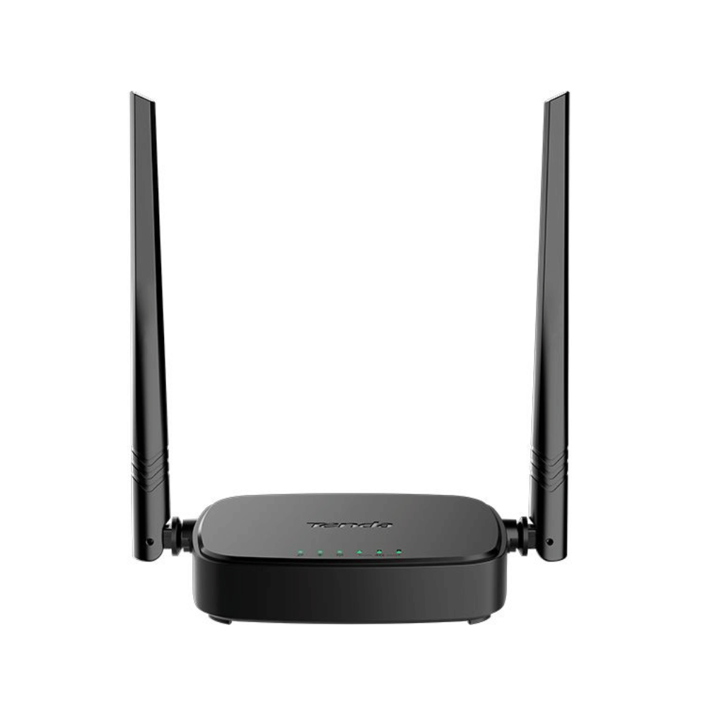Black router with antennas on a white background