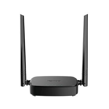 Black router with antennas on a white background