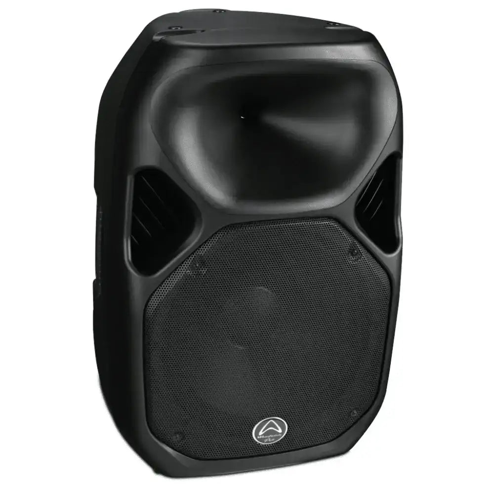 Black speaker with a brand logo on a white background
