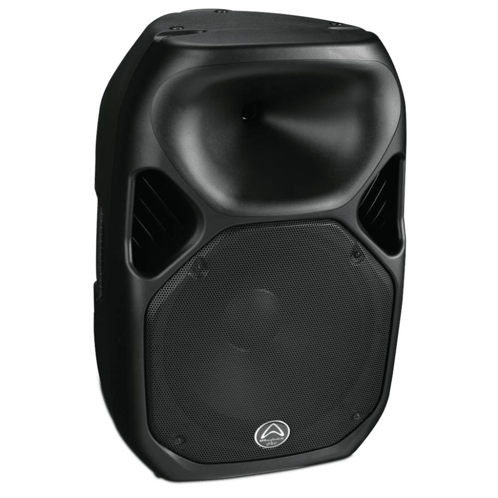 Black speaker with a brand logo on a white background