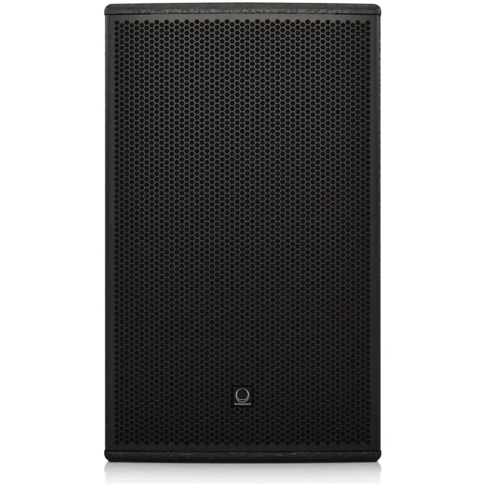 Black speaker with honeycomb pattern on a white background