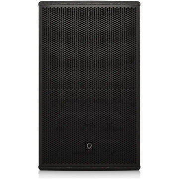 Black speaker with honeycomb pattern on a white background