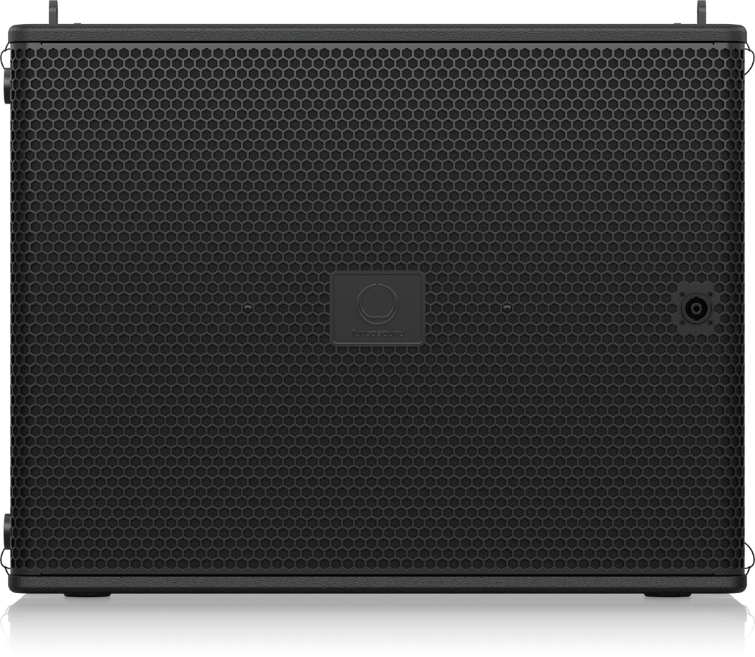 Black speaker with a honeycomb pattern on a white background
