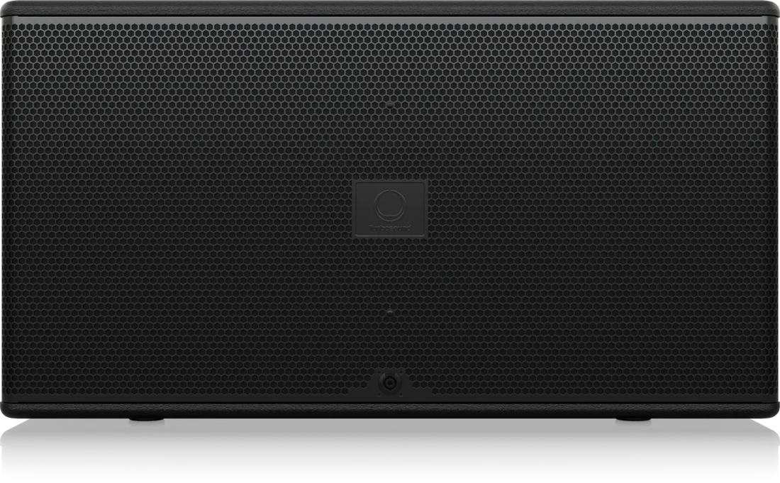 Black speaker with a brand logo on a white background