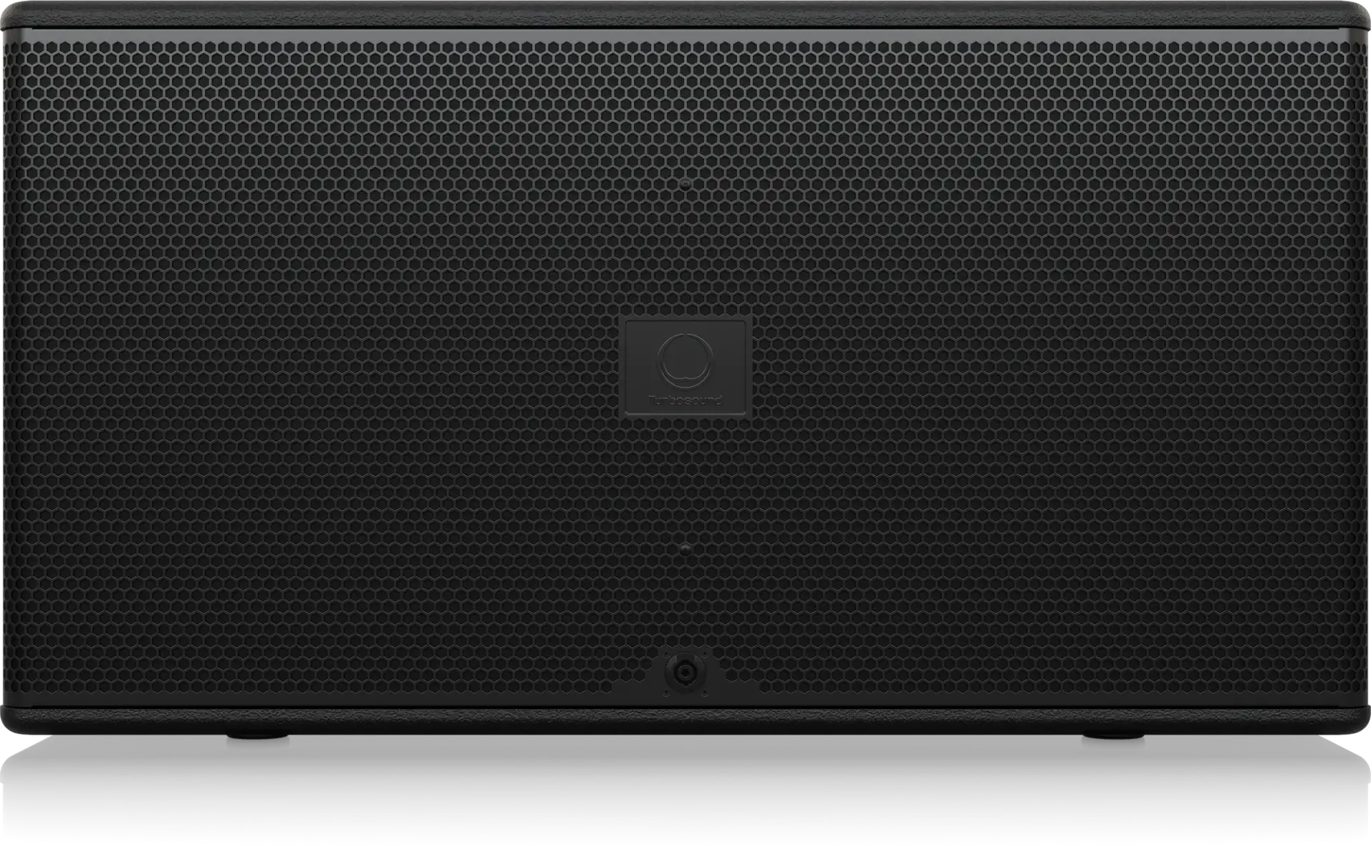 Black speaker with a brand logo on a white background