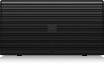 Black speaker with a brand logo on a white background