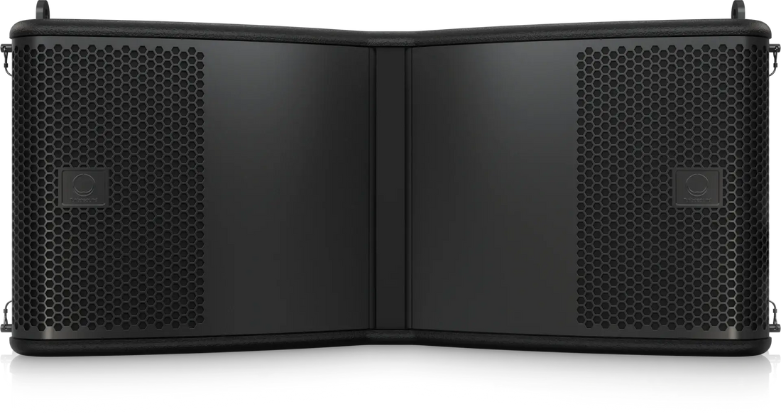Black speaker with honeycomb design on a white background