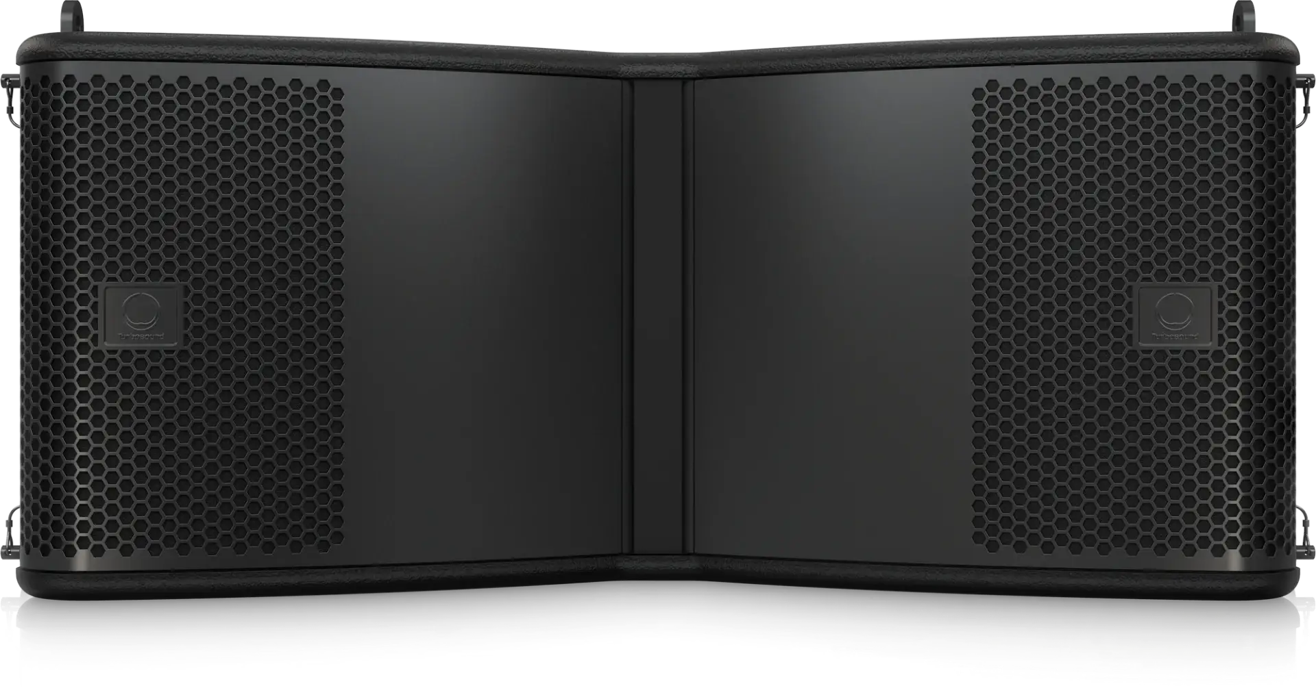 Black speaker with honeycomb design on a white background