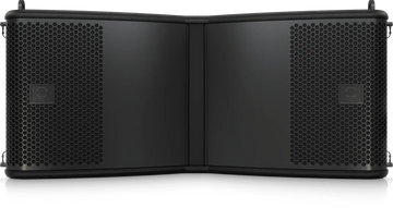 Black speaker with honeycomb design on a white background