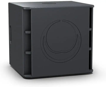 Black subwoofer enclosure with a circular logo on a white background