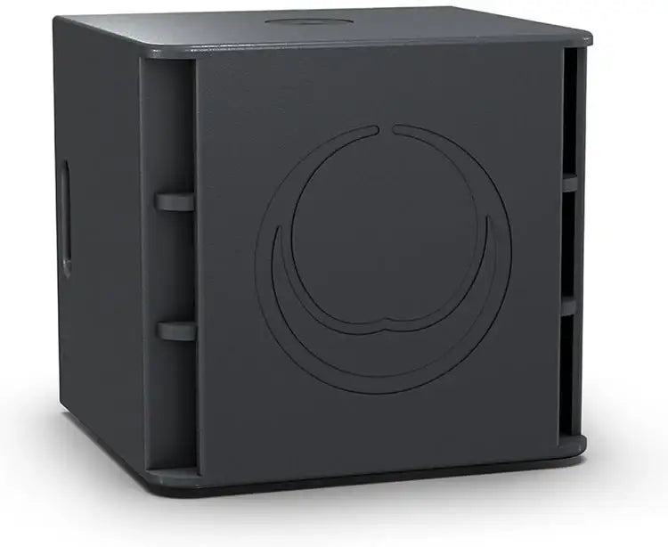 Black subwoofer enclosure with a circular logo on a white background