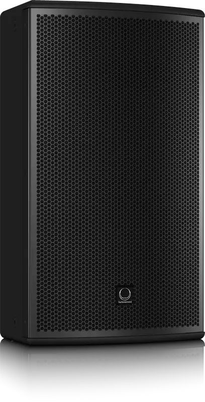 Black speaker with a brand logo on a white background