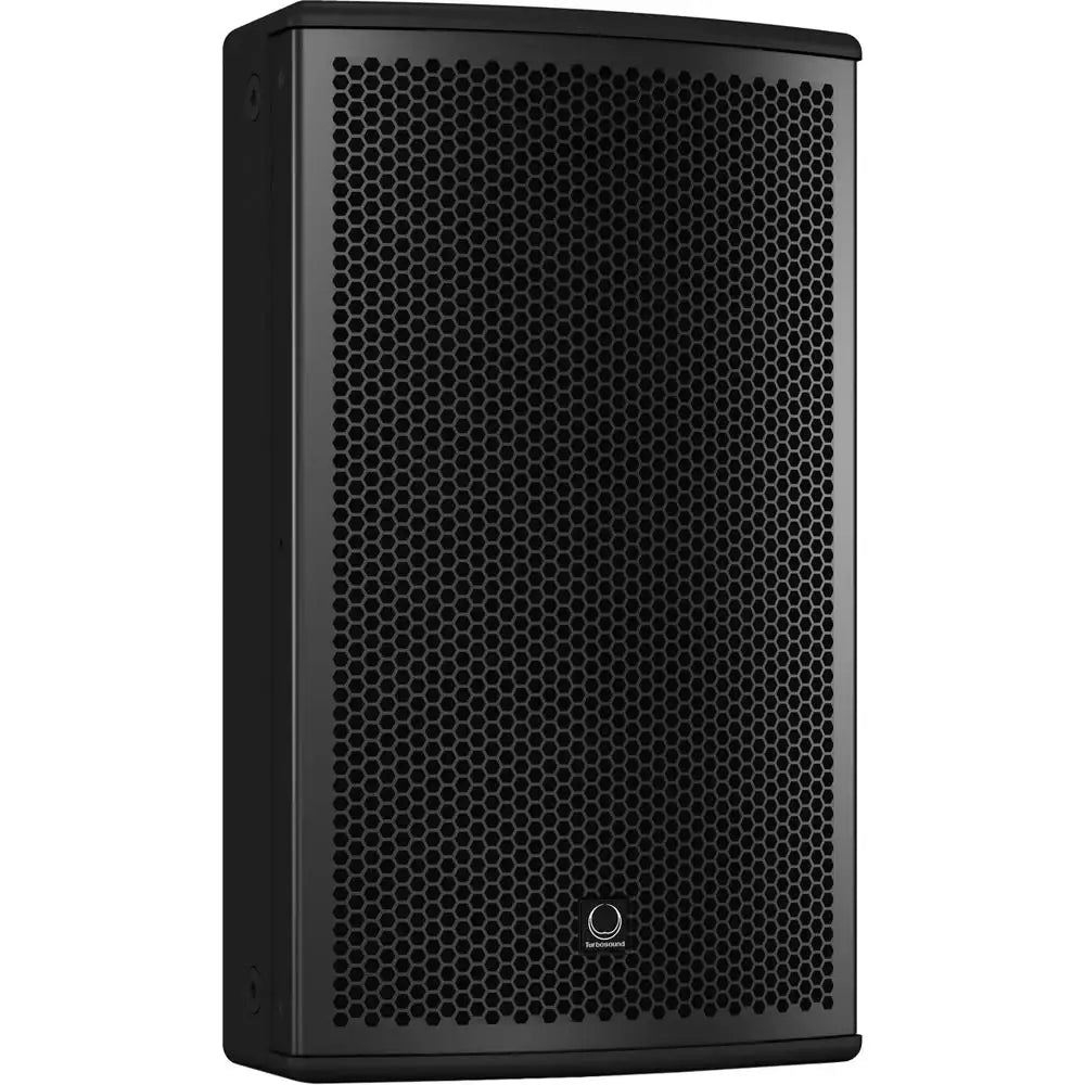 Black speaker with honeycomb pattern on a white background