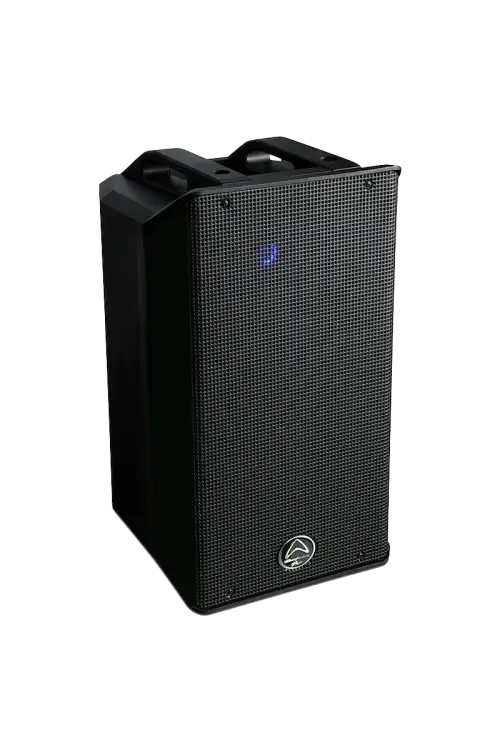 Black portable speaker with a logo on a white background