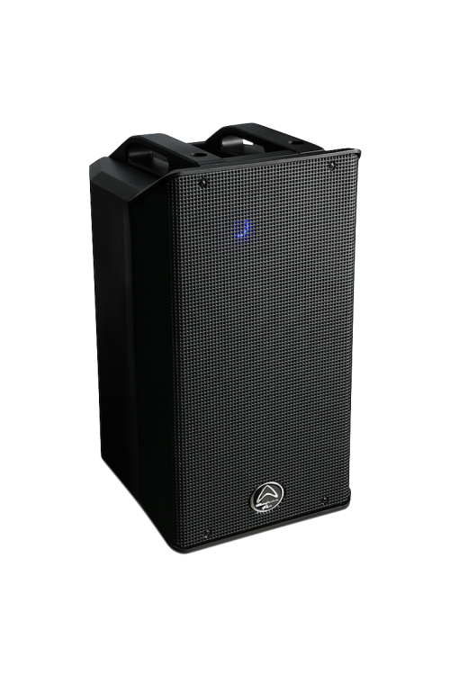 Black portable speaker with a logo on a white background