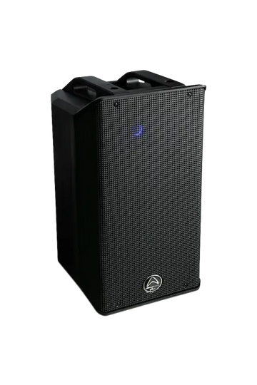 Black portable speaker with a logo on a white background
