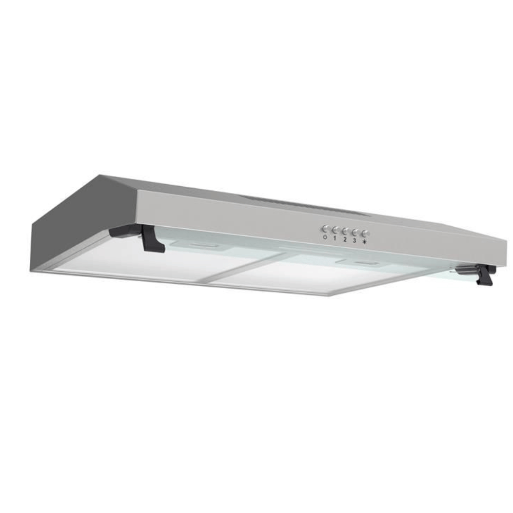 Stainless steel range hood on a white background