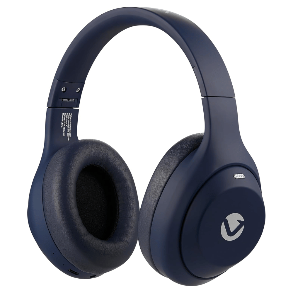 Navy blue headphones with a brand logo on a white background