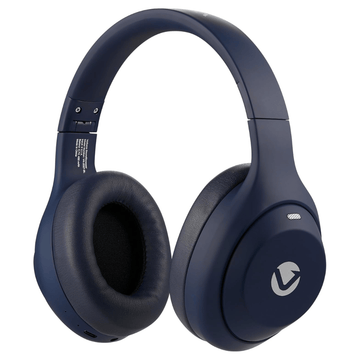 Navy blue headphones with a brand logo on a white background