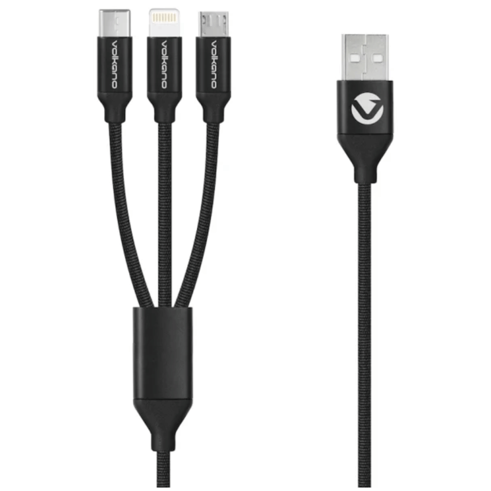 Volkano Weave Series Fabric Braided 3 in 1 (Type-C / Lightning / Micro) Cable 1m - Black VK-20111-BK  (DEMO, OPEN BOX, NO WARRANTY)
