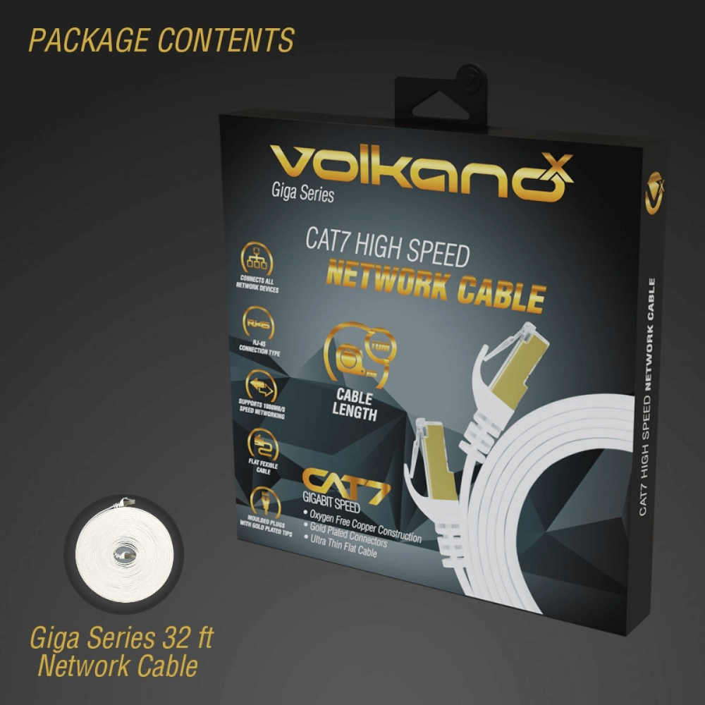 Volkano CAT7 high speed network cable packaging on a dark background