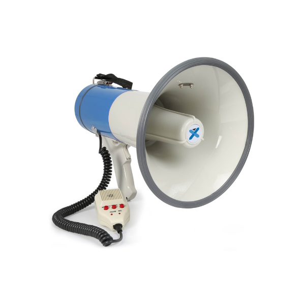 Megaphone with blue and gray design on a white background