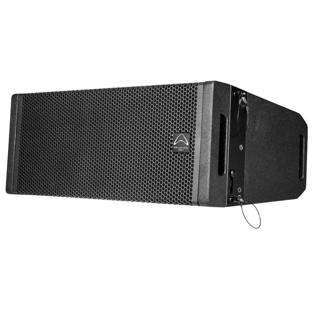 Black speaker with a brand logo on a white background