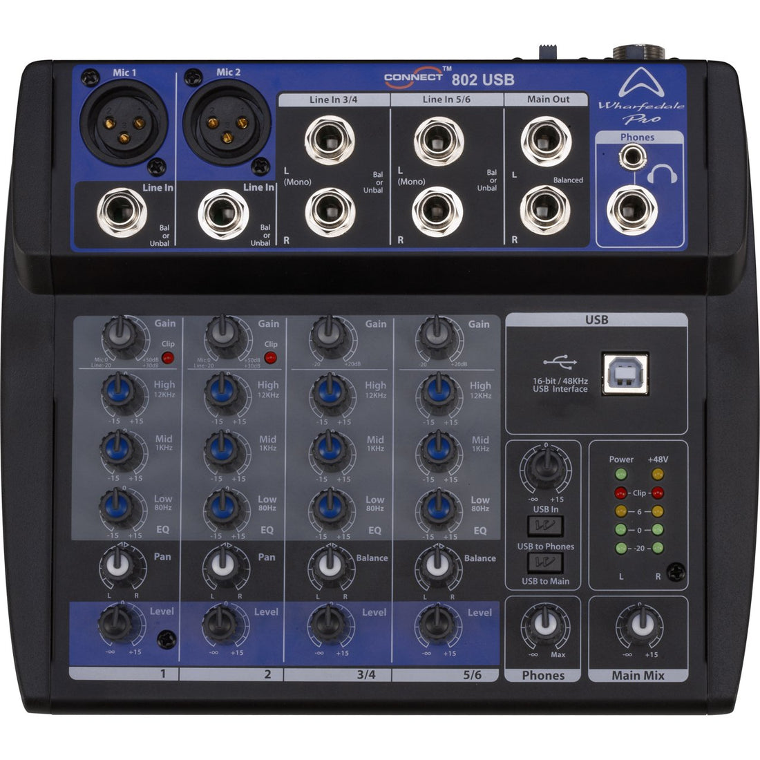 Audio mixer with various input and output ports on a white background
