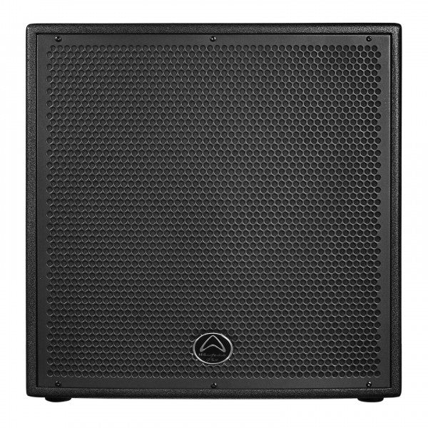 Black subwoofer with honeycomb pattern on a white background