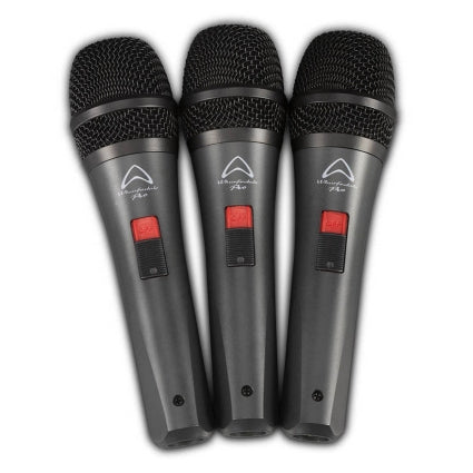 Three black microphones with red buttons on a white background