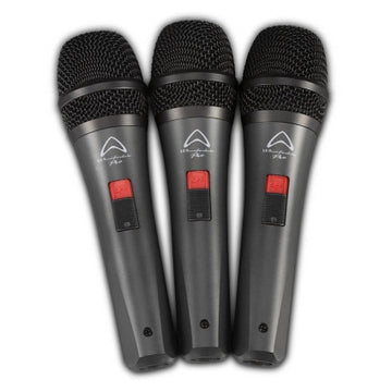 Three black microphones with red buttons on a white background