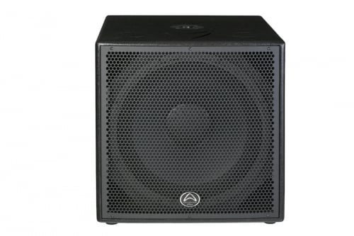 Black Wharfedale speaker on white background.
