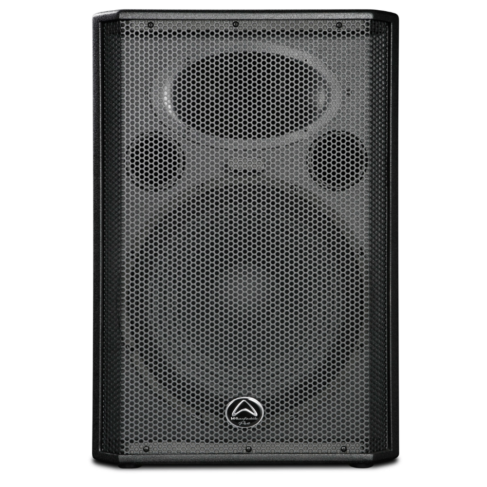 Black speaker with brand logo on a white background