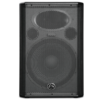 Black speaker with brand logo on a white background