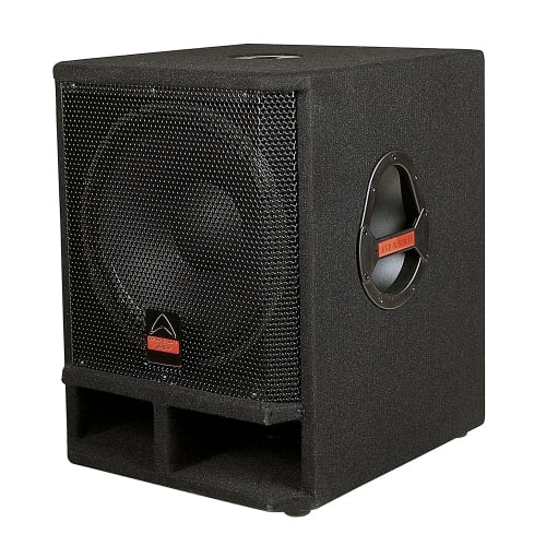 Black subwoofer with brand logo on a white background
