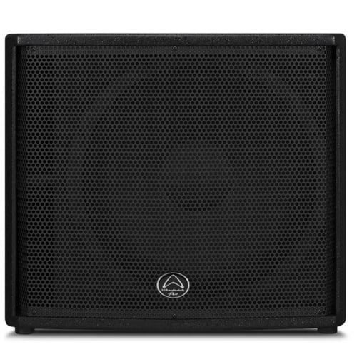 Black speaker subwoofer with a brand logo on a white background