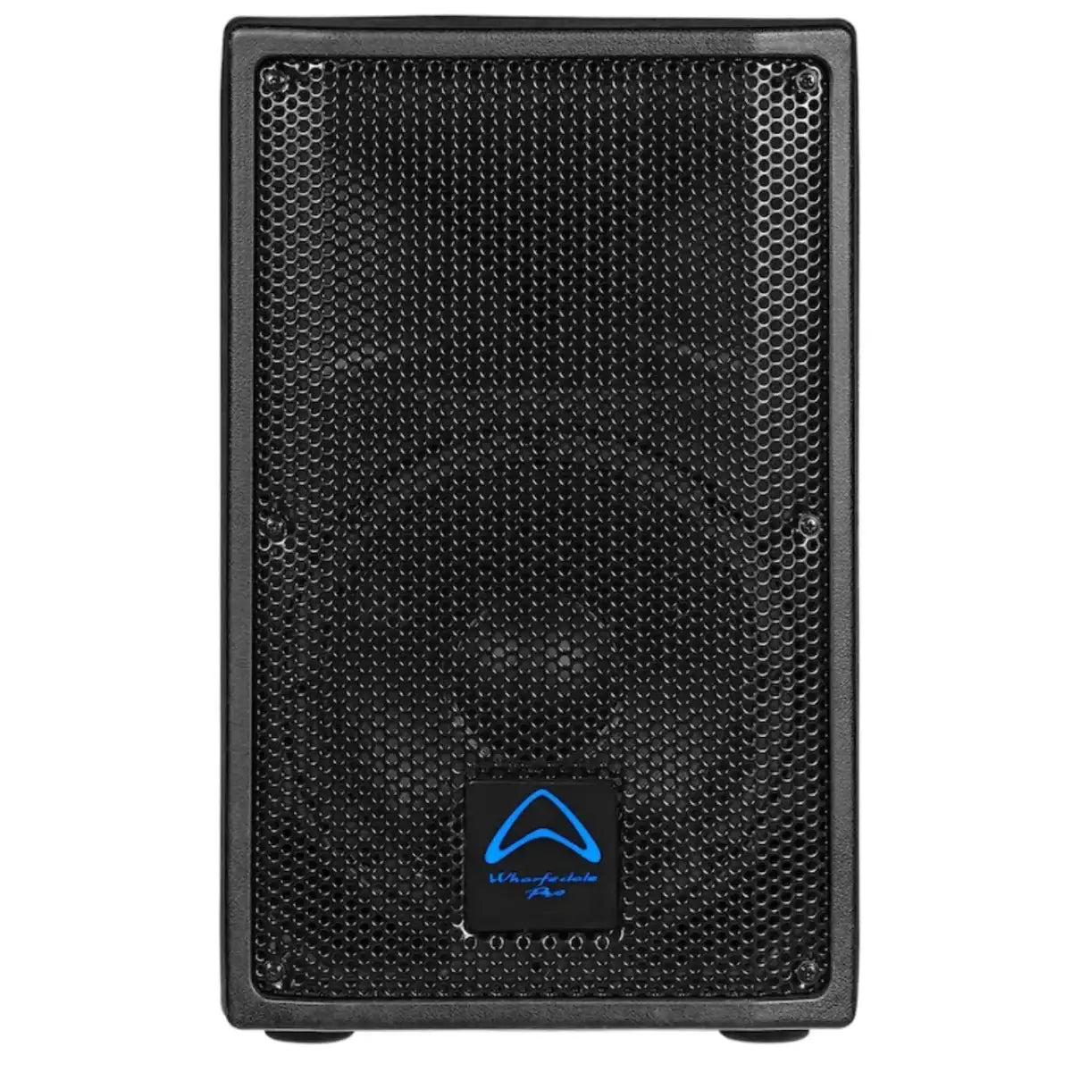 Black speaker with a brand logo on a white background