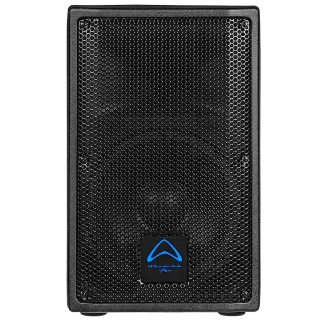 Black speaker with a brand logo on a white background